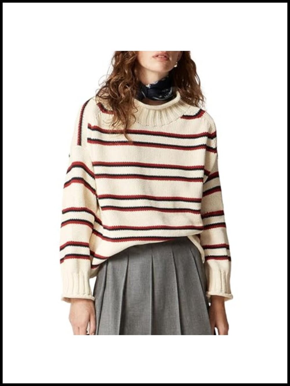 Oversized Striped Knit Pullover Sweater Women Roll Neck Long Sleeve Chunky Cable